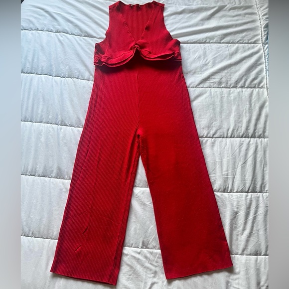 Zara Red Knit Frill Jumpsuit - Picture 2 of 4